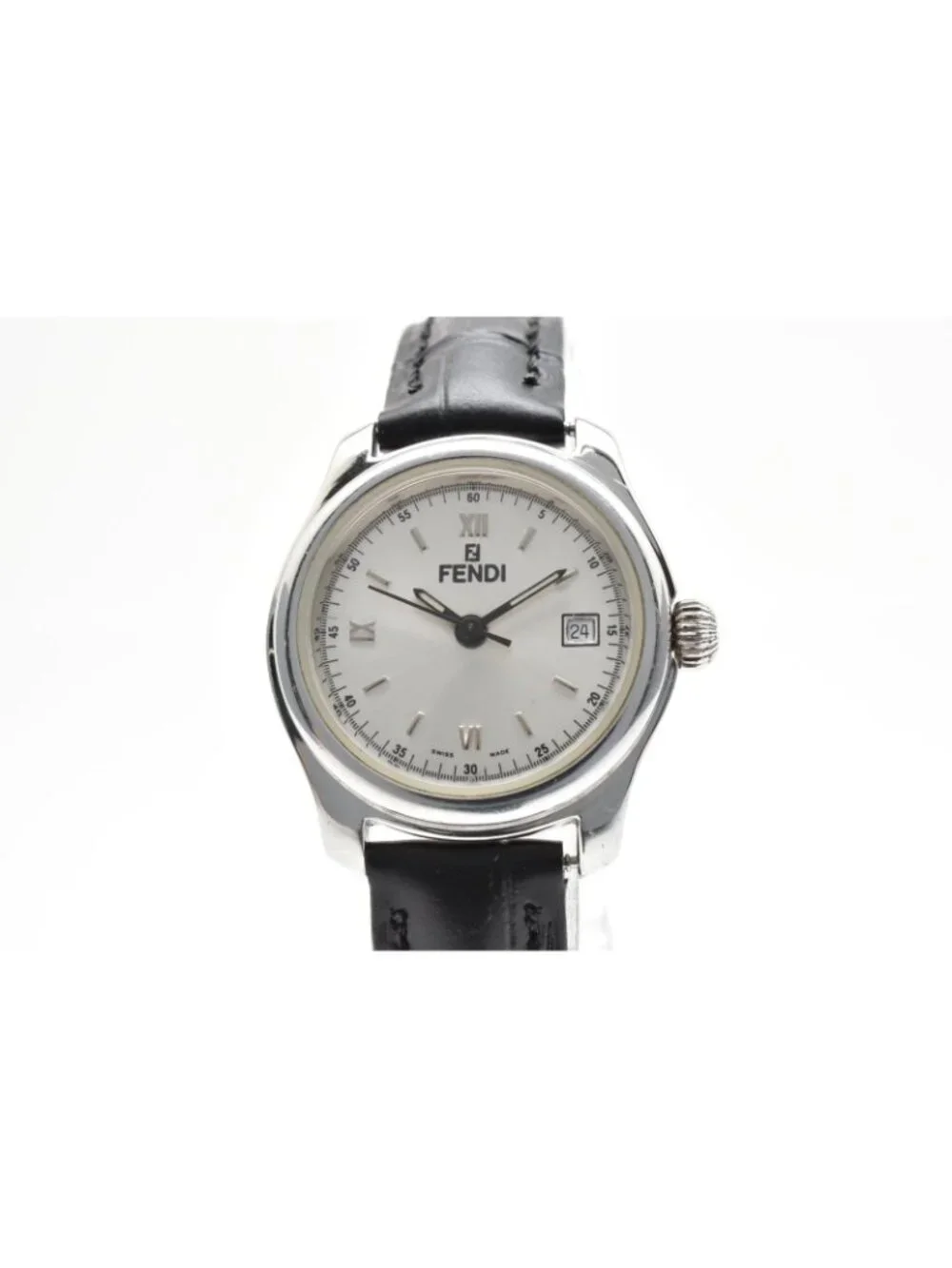Fendi Quartz Watch Gray Dial Roman Numeral Date Stainless Steel Black Leather